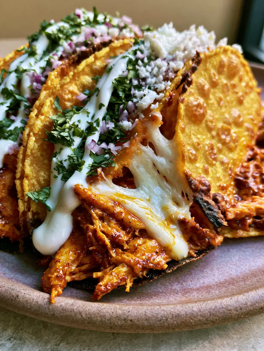 Air Fryer Tacos with Crispy Blistered Shells and Juicy Shredded Chicken 3 Extreme close-up of air fryer tacos showing toasted edges and visible bubbles on the corn tortilla with a thick white crema drizzle.