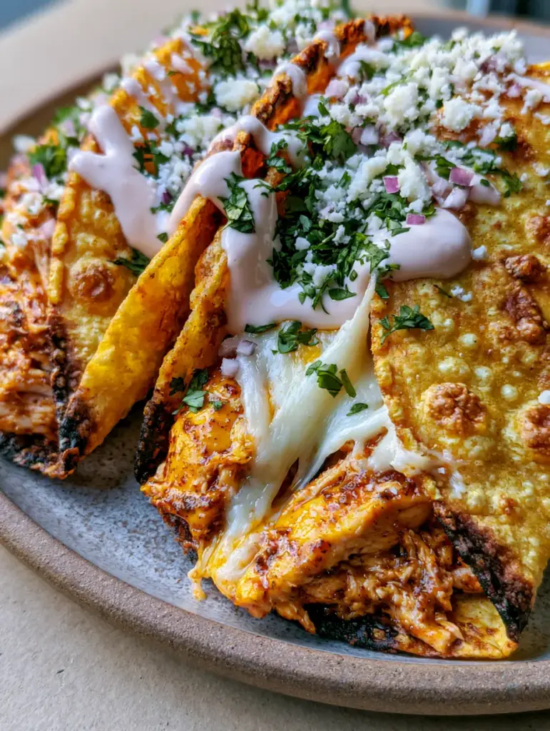 Air Fryer Tacos with Crispy Blistered Shells and Juicy Shredded Chicken 1 A handheld shot of air fryer tacos with a massive Monterey Jack cheese pull and reddish-gold seasoned chicken filling.