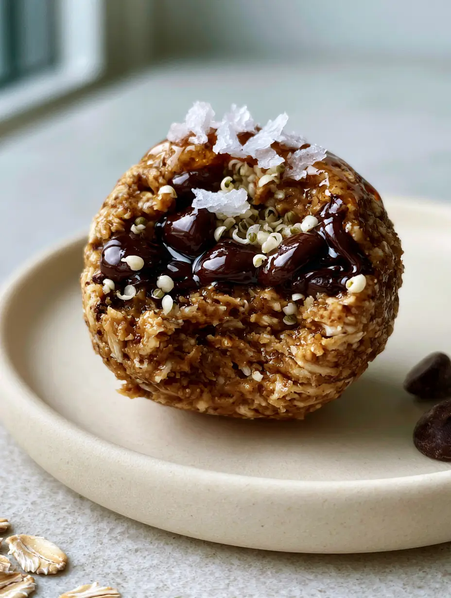 5-minute snacks: Gooey Almond Butter and Chocolate Oat Bites 3 Macro shot of a no-bake snack broken in half revealing a gooey almond butter center with chocolate chips and hemp hearts. (5-minute snacks)
