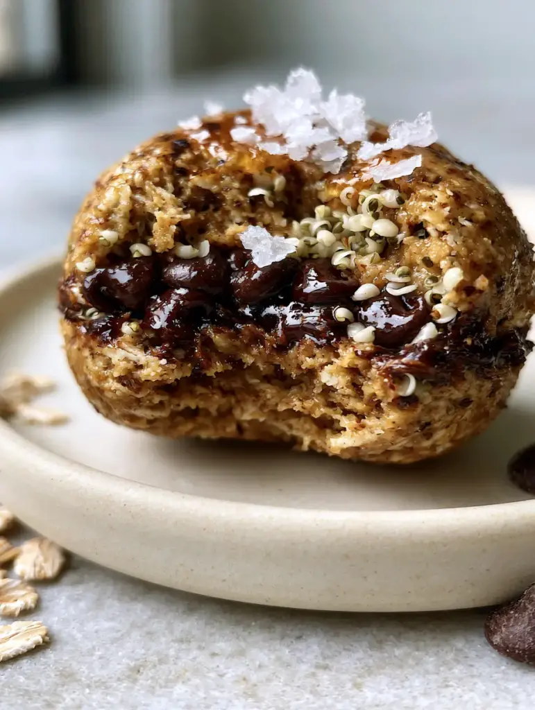 5-minute snacks: Gooey Almond Butter and Chocolate Oat Bites 1 Side view of a perfectly round energy ball showing the texture of pressed oats and semi-melted dark chocolate mini-chips.