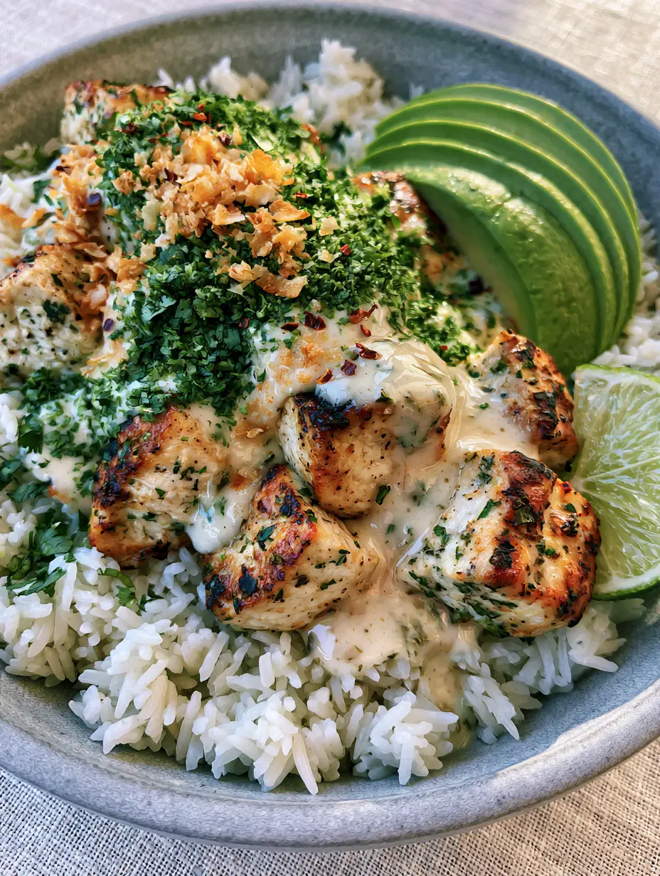 Coconut Chicken Rice Bowls with Creamy Lime Sauce and Toasted Coconut 3 Close up macro shot of charred chicken cubes draped in thick coconut lime sauce over jasmine rice. (Coconut Chicken Rice Bowls)