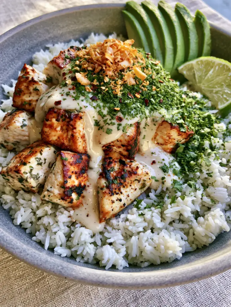 Coconut Chicken Rice Bowls with Creamy Lime Sauce and Toasted Coconut 1 Eye-level view of a coconut chicken rice bowl with fanned avocado, cilantro, and red chili flakes. (Coconut Chicken Rice Bowls)