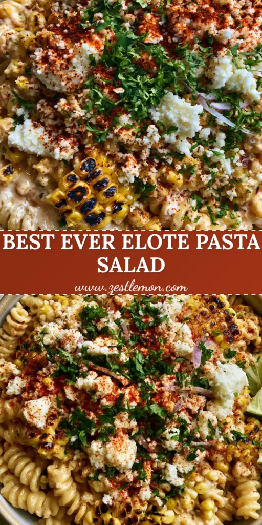 Elote Pasta Salad with Charred Corn and Creamy Lime Crema 4 A heaping ceramic bowl of Elote Pasta Salad featuring rotini pasta, charred corn, and creamy lime dressing. (elote pasta salad)