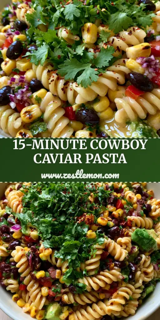 Cowboy Caviar Pasta Salad with Zesty Lime Vinaigrette 4 A vibrant Cowboy Caviar Pasta Salad in an artisanal white bowl featuring rotini, black beans, charred corn, and avocado chunks. (Cowboy Caviar Pasta Salad)