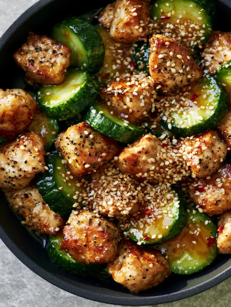 Chicken Zucchini Stir Fry with Garlic and Toasted Sesame 1 Overhead shot of Chicken Zucchini Stir Fry in a matte black cast iron pan garnished with sesame seeds and chili flakes.