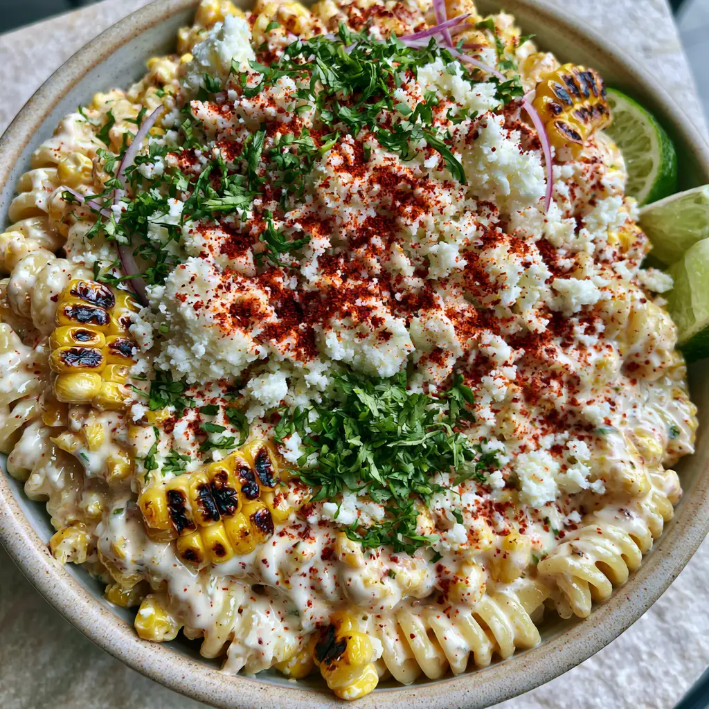 Elote Pasta Salad with Charred Corn and Creamy Lime Crema 2 Top-down view of Elote Pasta Salad with charred corn kernels and smoked paprika dusting. (elote pasta salad)
