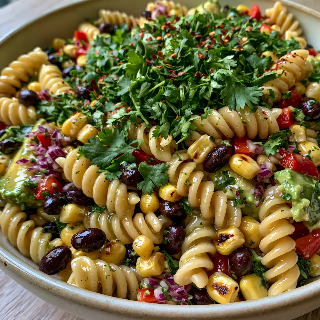 Cowboy Caviar Pasta Salad with Zesty Lime Vinaigrette 2 A close-up shot of Cowboy Caviar Pasta Salad showing the glossy dressing and charred corn texture. (Cowboy Caviar Pasta Salad)
