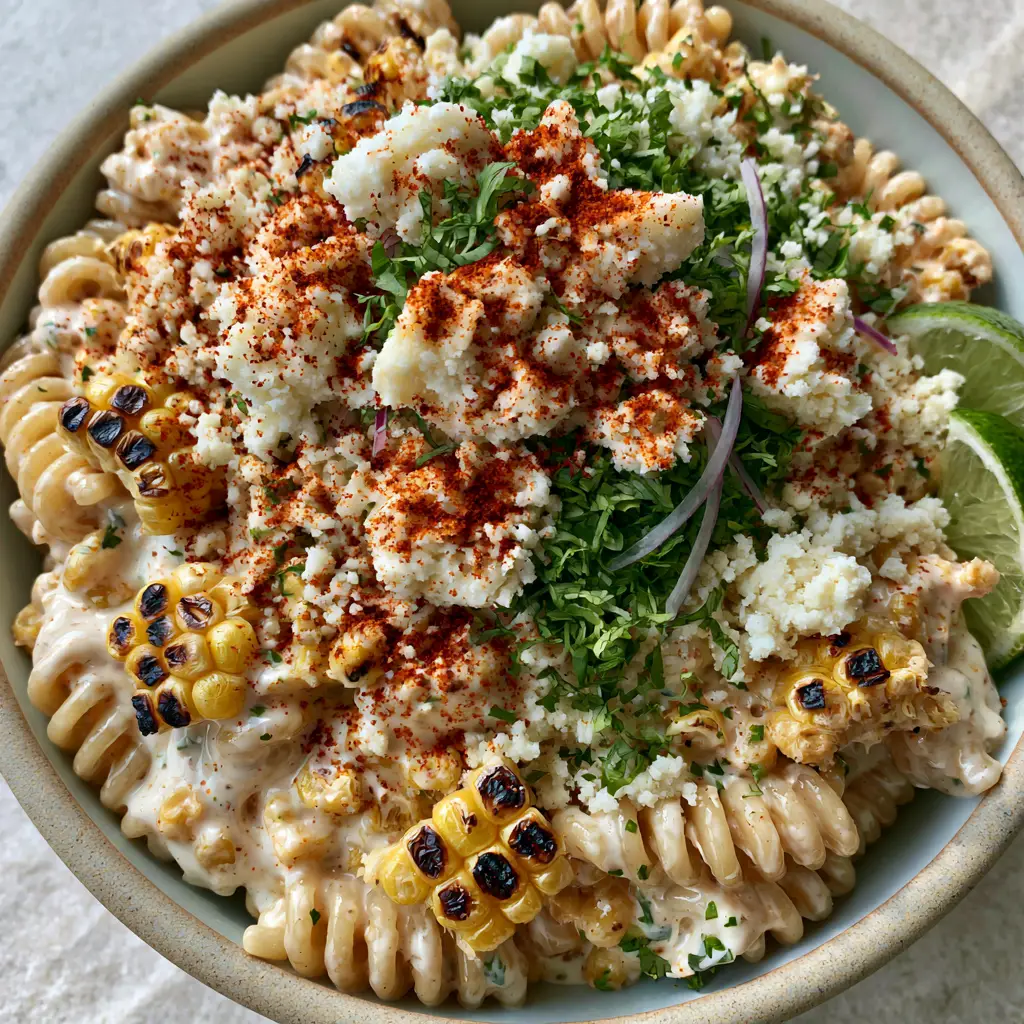 Elote Pasta Salad with Charred Corn and Creamy Lime Crema 1 A close-up of elote pasta salad showing the snowy cotija cheese and thin red onion slivers.