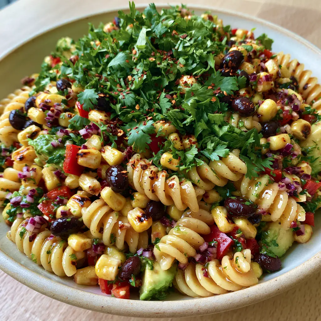Cowboy Caviar Pasta Salad with Zesty Lime Vinaigrette 1 Overhead view of an overflowing bowl of Cowboy Caviar Pasta Salad with fresh cilantro and red chili flakes.