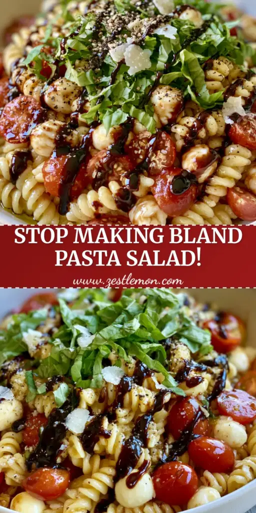 Caprese Pasta Salad with Balsamic Glaze and Fresh Basil 4 A top-down view of a vibrant Caprese Pasta Salad in a white bowl featuring balsamic glaze zig-zags, fresh basil, and mozzarella pearls.