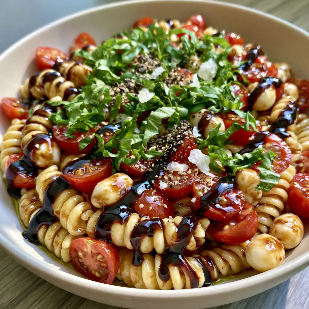 Caprese Pasta Salad with Balsamic Glaze and Fresh Basil 2 A 45-degree angle shot of Caprese Pasta Salad in a matte white bowl showing glistening fusilli and thick balsamic glaze drips.
