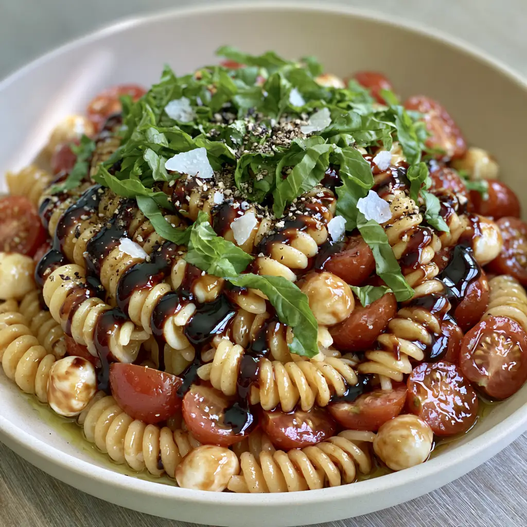 Caprese Pasta Salad with Balsamic Glaze and Fresh Basil 1 Close up of Caprese Pasta Salad details including sea salt flakes, cracked pepper, and torn basil garnish.
