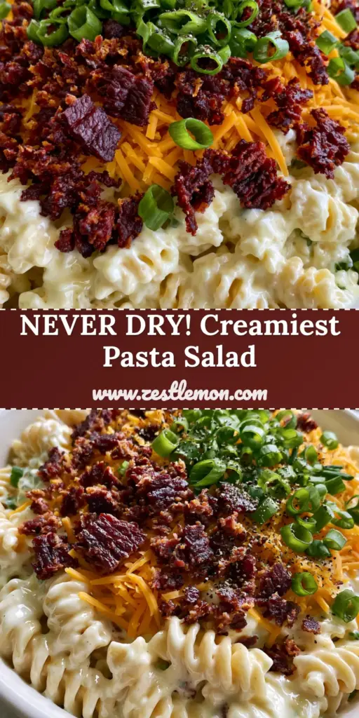 Bacon Ranch Pasta Salad with Crispy Bacon and Sharp Cheddar 4 A close-up vertical shot of bacon ranch pasta salad in a white bowl with crispy bacon and green onions.