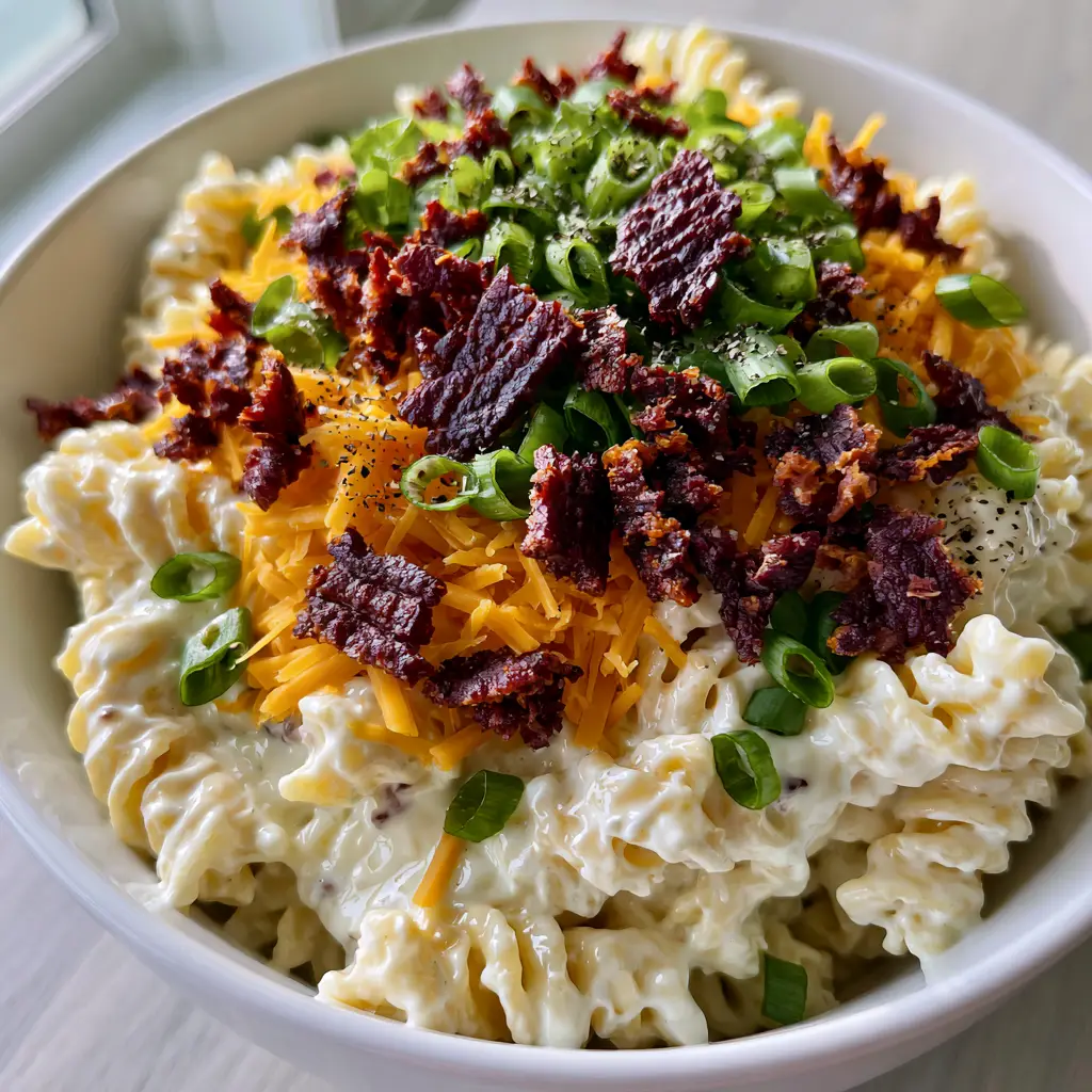 Bacon Ranch Pasta Salad with Crispy Bacon and Sharp Cheddar 2 Top-down view of a large white ceramic bowl filled with creamy bacon ranch pasta salad featuring rotini, bacon, and cheddar. (bacon ranch pasta salad)