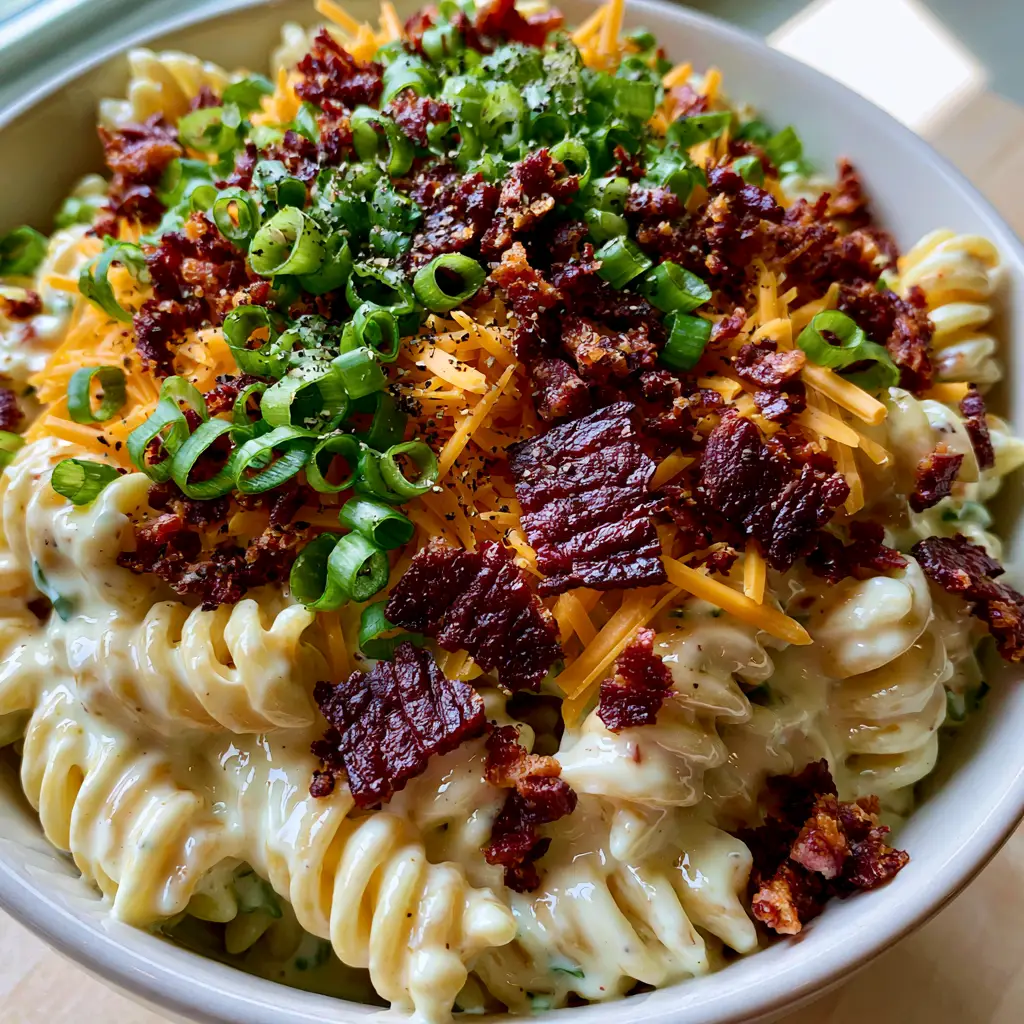 Bacon Ranch Pasta Salad with Crispy Bacon and Sharp Cheddar 1 Close-up angled shot of bacon ranch pasta salad on a neutral wooden table showing the glossy ranch coating and bacon bits.