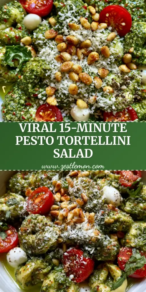Tortellini Pasta Salad with Thick Emerald Pesto and Heirloom Tomatoes 4 A top-down view of Tortellini Pasta Salad in a white bowl featuring emerald green pesto, mozzarella pearls, and ruby red tomatoes.