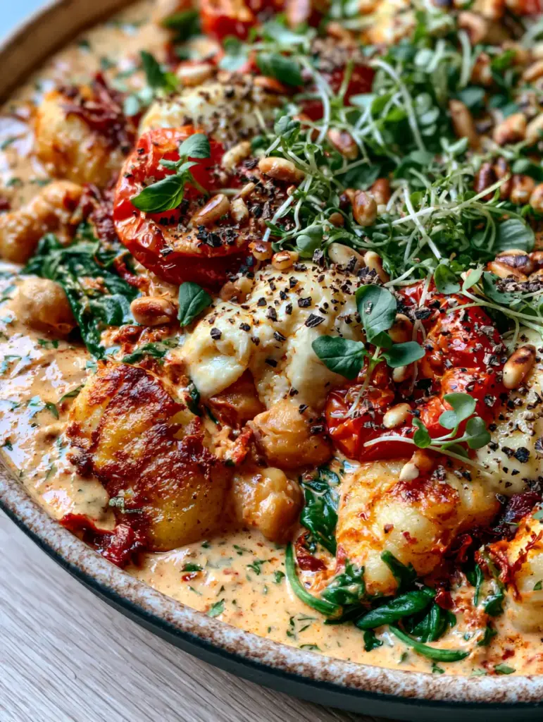 Vegetarische Rezepte: Creamy Pan-Seared Gnocchi with Sun-Dried Tomato Sauce 1 Overhead view of a vegetarian gnocchi meal with fresh basil and cracked black pepper.