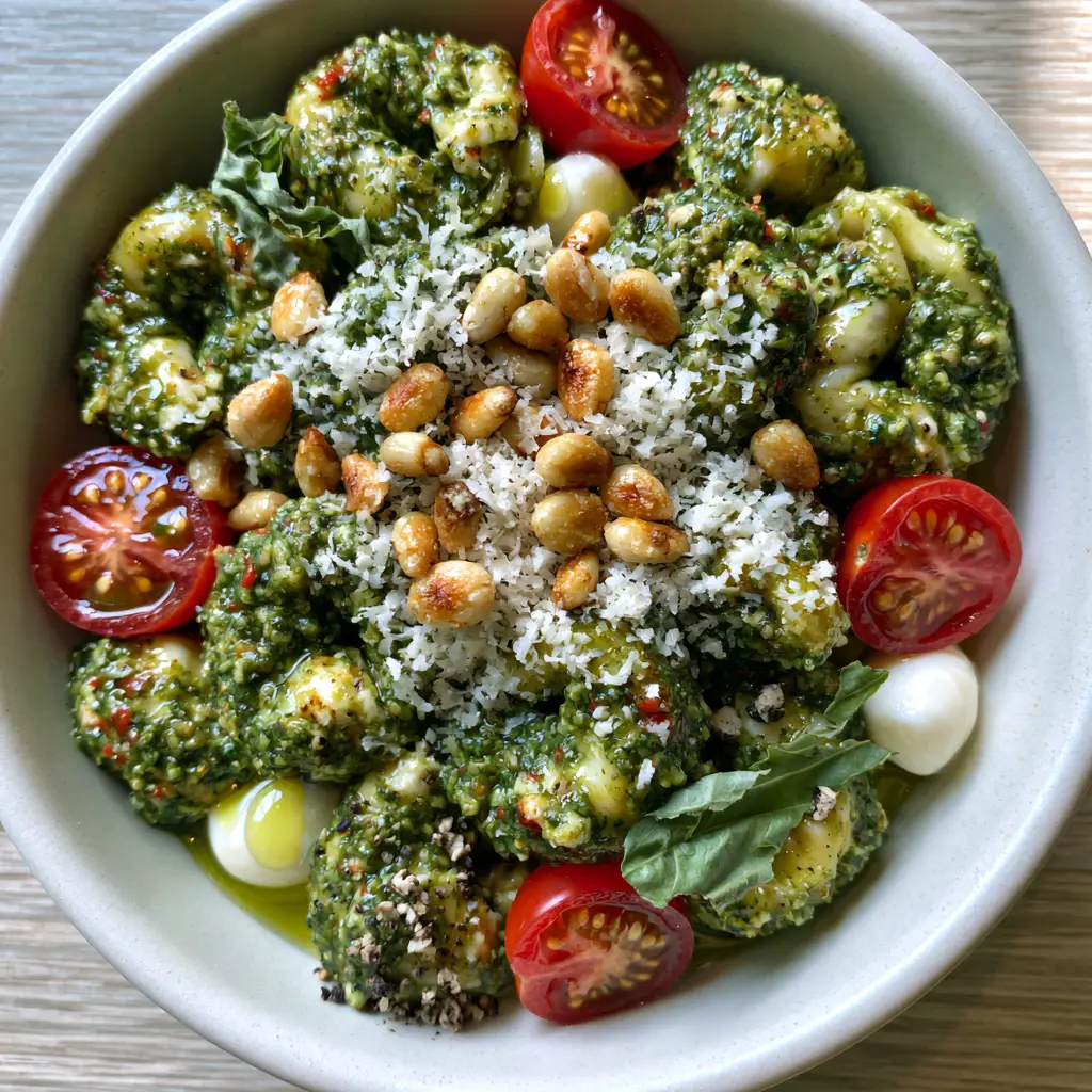 Tortellini Pasta Salad with Thick Emerald Pesto and Heirloom Tomatoes 2 Extreme close-up of Tortellini Pasta Salad with thick basil pesto, toasted pine nuts, and micro-planed parmesan.
