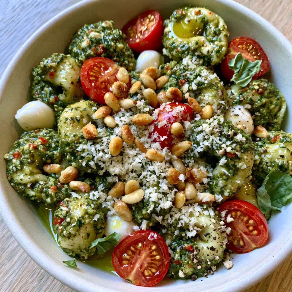Tortellini Pasta Salad with Thick Emerald Pesto and Heirloom Tomatoes 1 A handheld-style photo of Tortellini Pasta Salad with shimmering olive oil droplets and cracked black pepper.