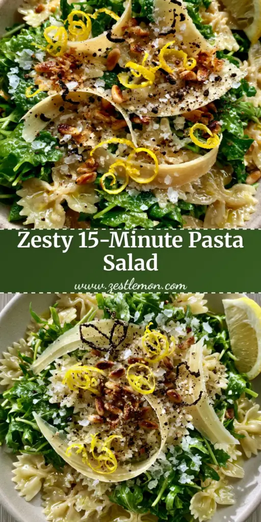 Lemon Arugula Pasta Salad with Shaved Parmesan and Toasted Pine Nuts 4 An overhead handheld photo of a lemon arugula pasta salad in a stone bowl featuring farfalle, parmesan ribbons, and toasted pine nuts.
