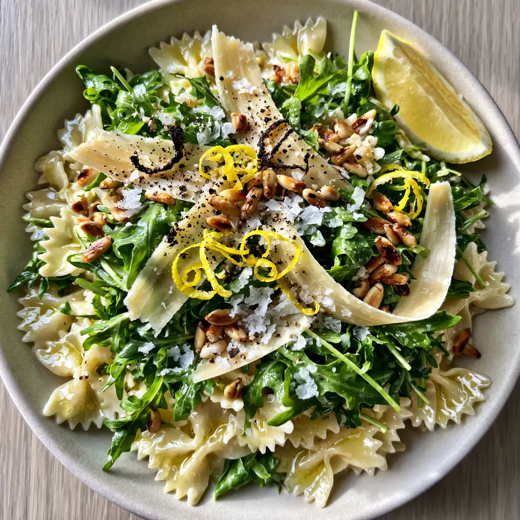 Lemon Arugula Pasta Salad with Shaved Parmesan and Toasted Pine Nuts 2 A close-up shot of glistening lemon arugula pasta salad showing al dente farfalle and peppery baby arugula leaves.