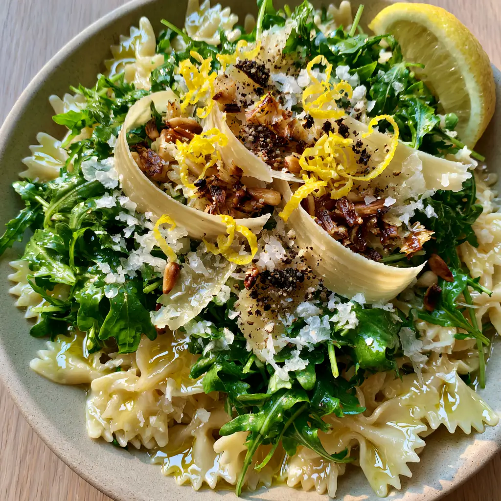 Lemon Arugula Pasta Salad with Shaved Parmesan and Toasted Pine Nuts 1 Overhead angled photo of pasta salad garnished with shaved parmesan ribbons and toasted pine nuts on a wooden surface.