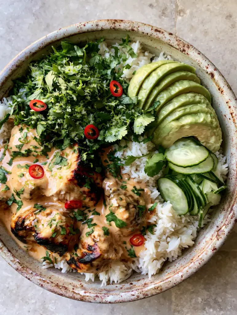 Coconut Chicken Rice Bowl: The Ultimate Creamy Lime Thai-Inspired Dinner 1 Close-up of fanned avocado slices and thinly sliced cucumbers on a Coconut Chicken Rice Bowl.