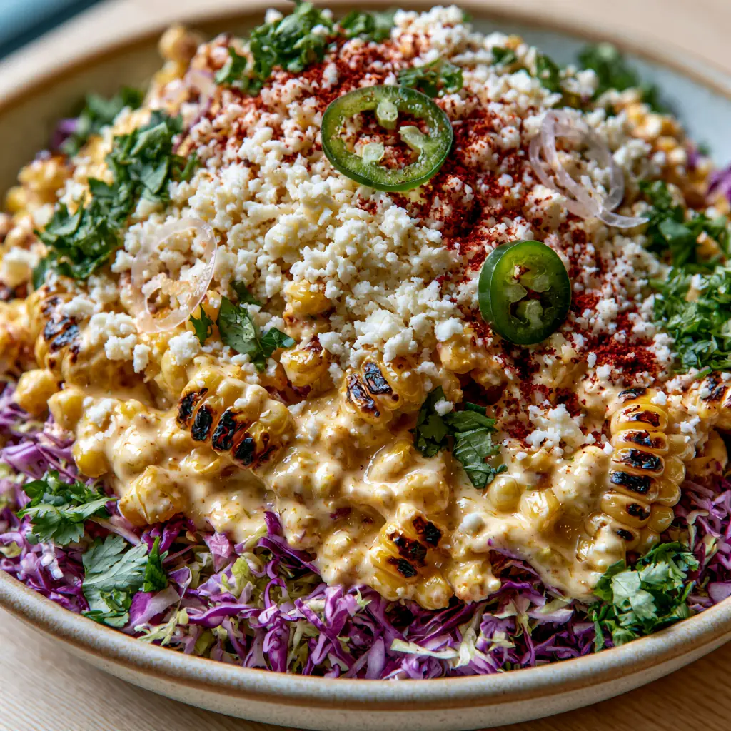 Spicy Corn Slaw: The Ultimate Mexican Street Corn Inspired Cabbage Salad 1 Close up of shredded purple cabbage and cotija cheese garnishing a spicy corn slaw.