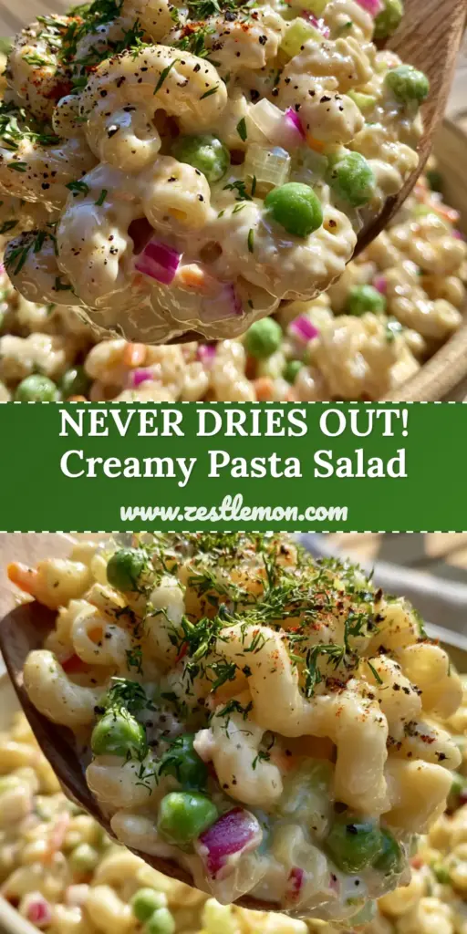 Creamy Pasta Salad with Fresh Dill and Sweet Peas 4 A close-up vertical shot of Creamy pasta salad with elbow macaroni, peas, and fresh dill, perfect for a summer potluck.
