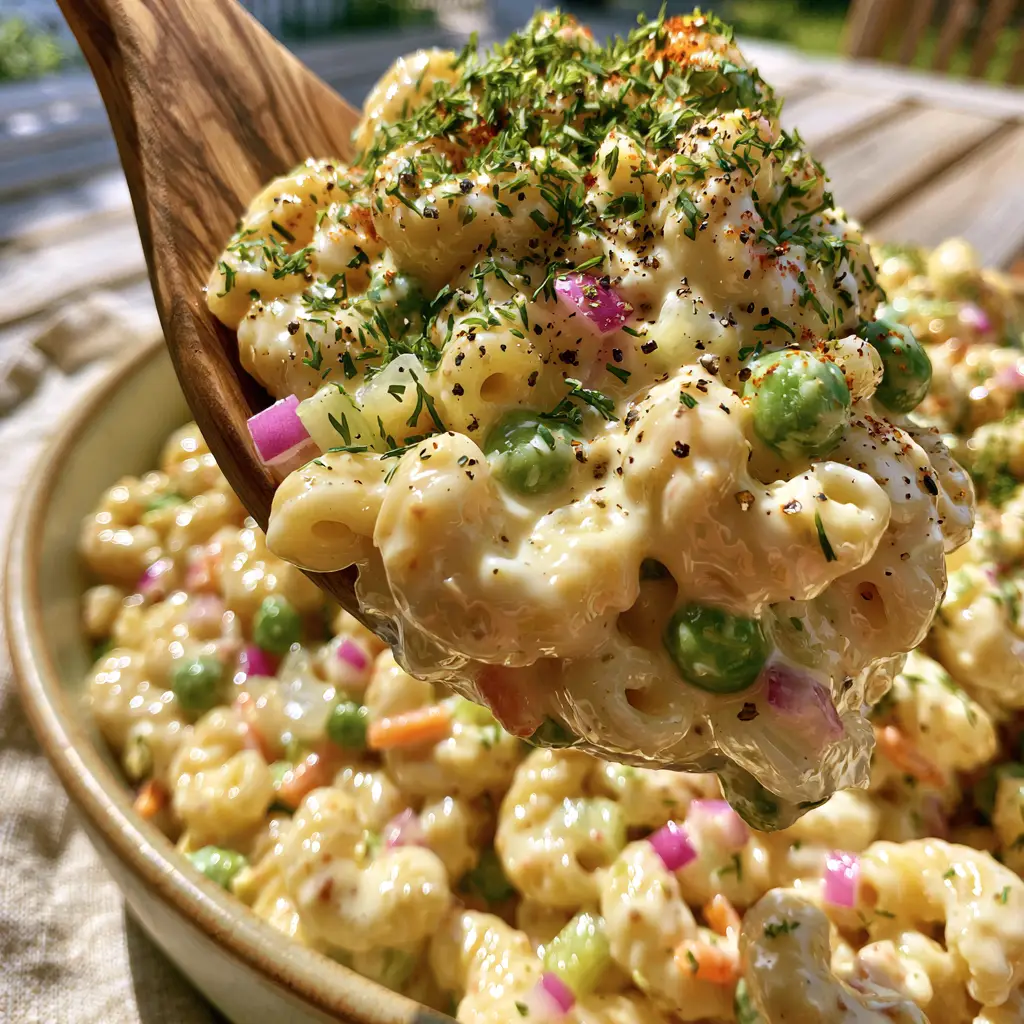 Creamy Pasta Salad with Fresh Dill and Sweet Peas 2 A wooden spoon lifting a heap of glossy Creamy pasta salad with peas and red onions from a ceramic bowl.