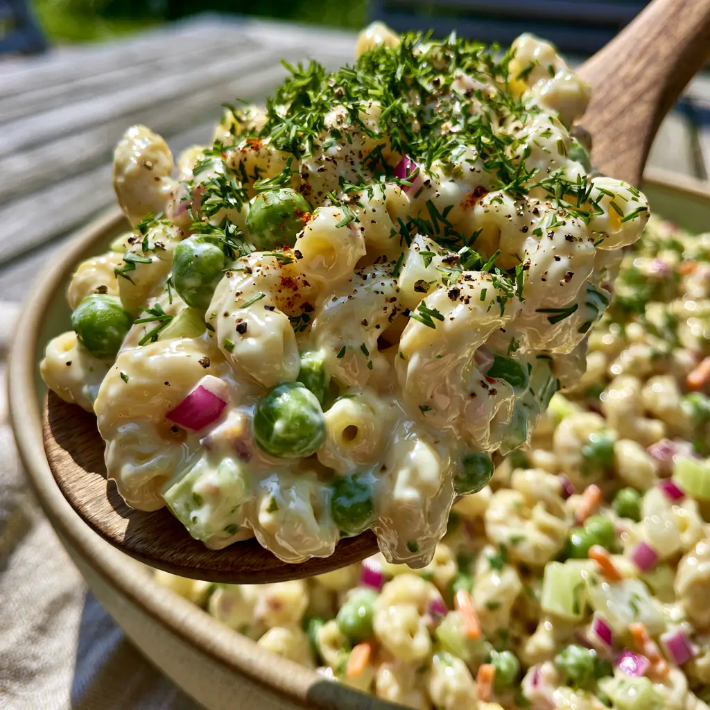 Creamy Pasta Salad with Fresh Dill and Sweet Peas 1 A macro shot of Creamy pasta salad showing the textures of celery, shredded carrots, and cracked black pepper.