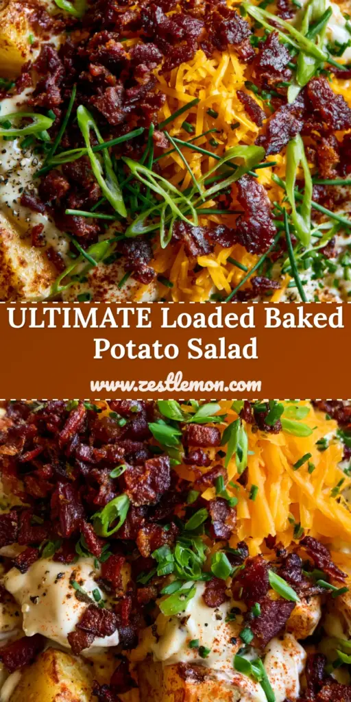 Loaded Potato Salad with Roasted Gold Potatoes and Crispy Bacon 4 A vertical shot of a loaded potato salad with roasted gold potatoes, creamy dressing, and a mountain of orange cheddar and crispy bacon.