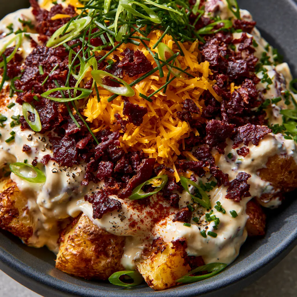 Loaded Potato Salad with Roasted Gold Potatoes and Crispy Bacon 2 Extreme top-down macro shot of loaded potato salad featuring thick white dressing, bright orange cheese, and green scallions.