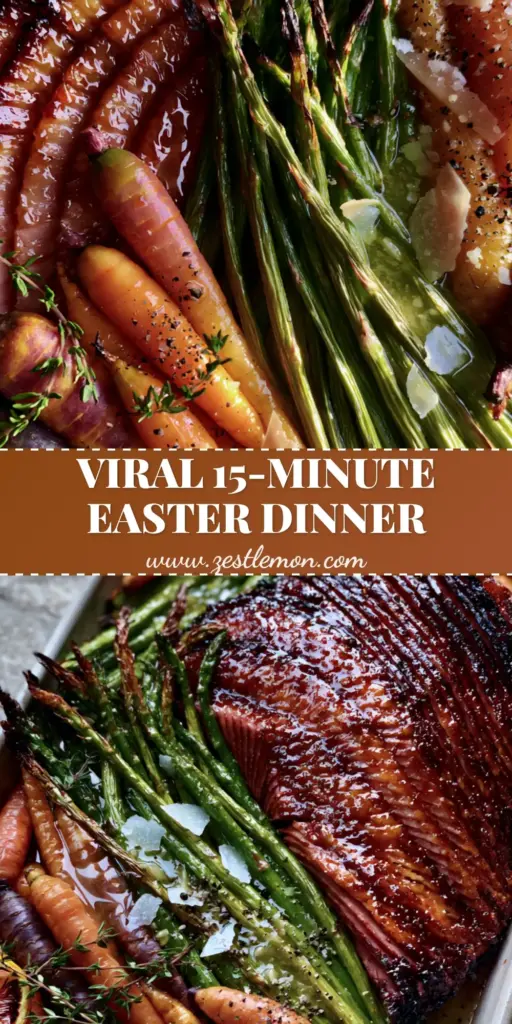 Sheet Pan Easter Dinner with Honey-Clove Glazed Ham and Roasted Heirloom Vegetables 4 A top-down gourmet sheet pan Easter dinner featuring caramelized honey-clove ham, charred asparagus, and heirloom carrots. (sheet pan Easter dinner)