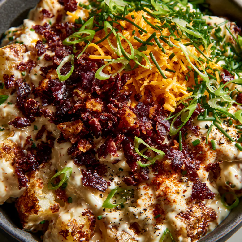 Loaded Potato Salad with Roasted Gold Potatoes and Crispy Bacon 1 Close-up of crispy bacon crumbles and smoked paprika dusting on a creamy roasted potato salad.