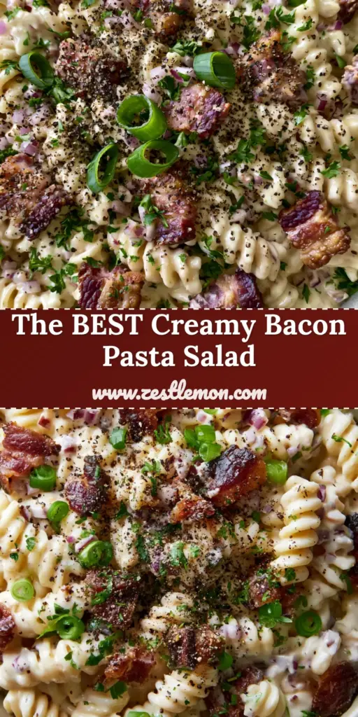 Bacon Pasta Salad with Crispy Thick-Cut Bacon and Glossy Ivory Dressing 3 A close-up shot of creamy bacon pasta salad in a ceramic bowl, featuring thick-cut bacon chunks and emerald scallions. (bacon pasta salad)