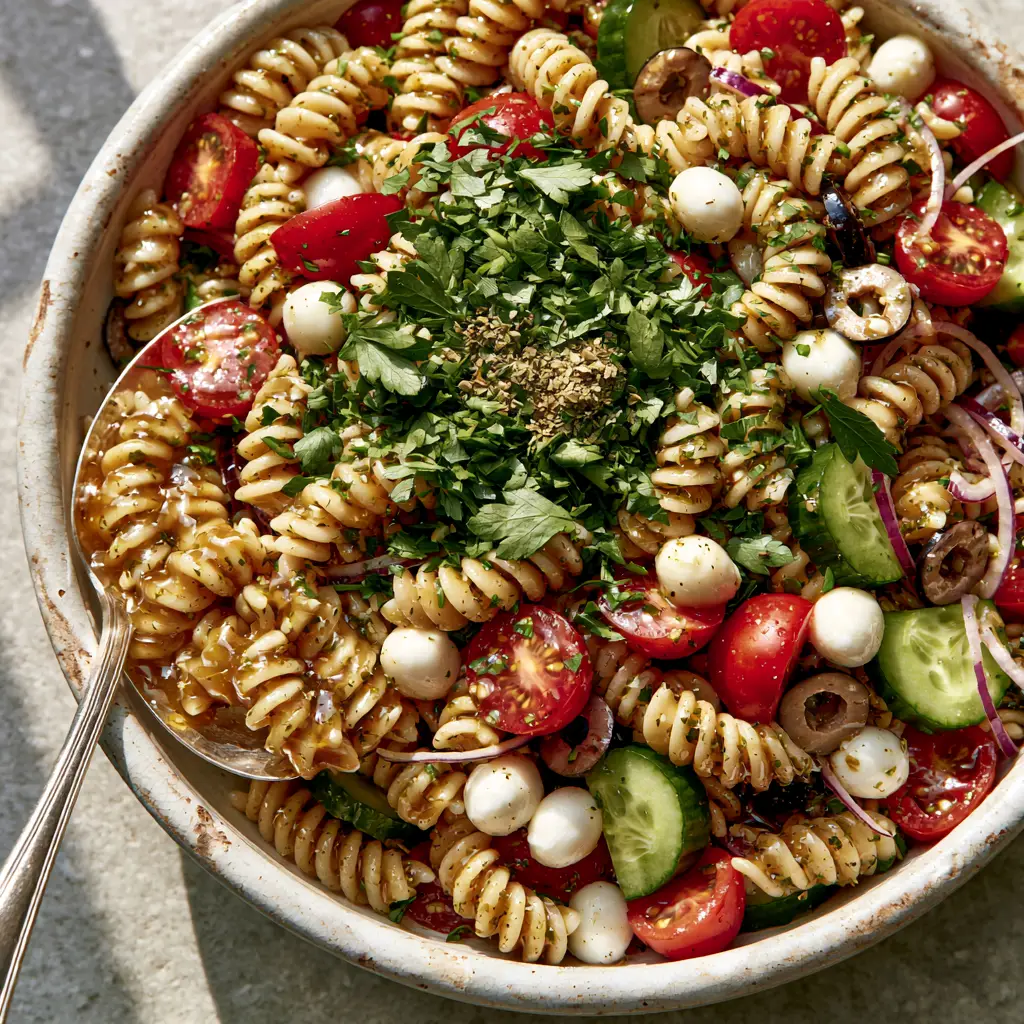 Italian Pasta Salad Recipe: The Ultimate Zesty Picnic Classic 2 Top-down view of a large bowl showing rotini pasta, cucumber crescents, and mozzarella pearls in an Italian pasta salad recipe. (Italian pasta salad recipe)