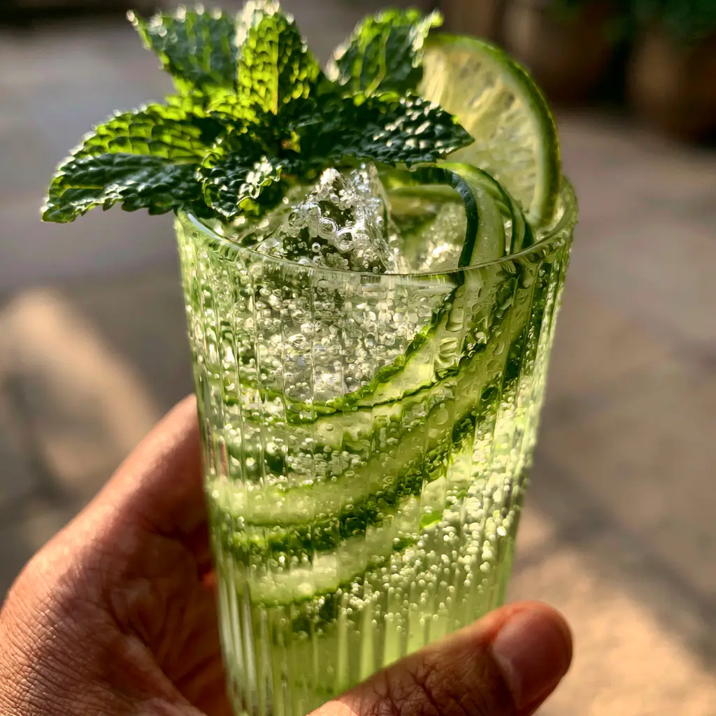Hand holding a tall glass of sparkling Cucumber Punch with translucent ribbons and ice cubes. (Cucumber Punch)