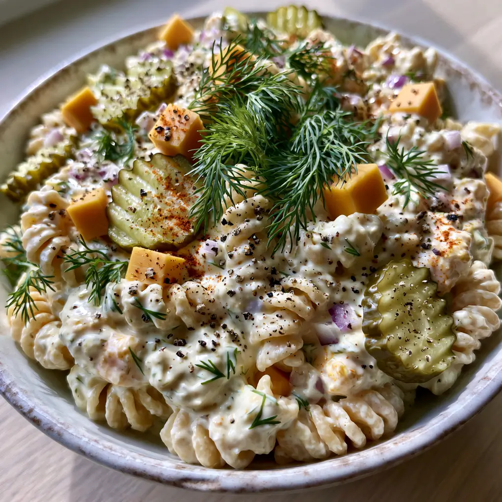 Dill Pickle Pasta Salad: The Ultimate Creamy and Tangy Summer Side Dish 2 A 45-degree smartphone photo of Dill Pickle Pasta Salad showing rotini and cheddar cubes.