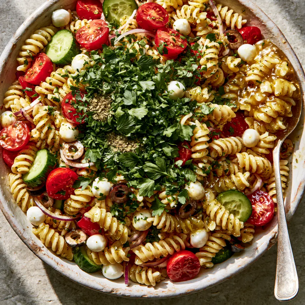 Italian Pasta Salad Recipe: The Ultimate Zesty Picnic Classic 1 Close-up of a silver spoon lifting a portion of glistening Italian pasta salad recipe from a white ceramic bowl.