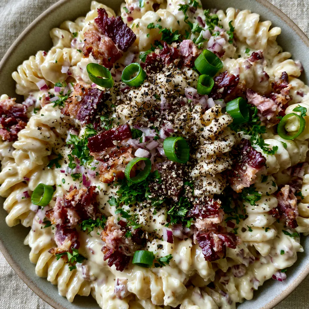 Bacon Pasta Salad with Crispy Thick-Cut Bacon and Glossy Ivory Dressing 2 Top-down macro shot of rotini pasta coated in glossy ivory cream sauce with bacon and parsley. (bacon pasta salad)