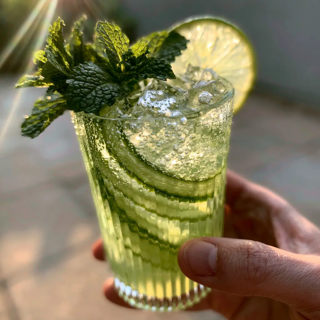 Cucumber Punch: The Ultimate Sparkling Botanical Refresher for Summer 1 Close-up of effervescence and cucumber skin texture in a glass of Cucumber Punch.