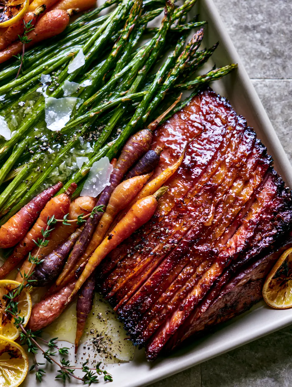 Sheet Pan Easter Dinner with Honey-Clove Glazed Ham and Roasted Heirloom Vegetables 3 Macro shot of caramelized spiral ham slices with crispy mahogany edges and honey glaze. (sheet pan Easter dinner)