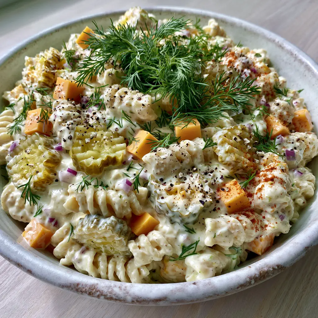 Dill Pickle Pasta Salad: The Ultimate Creamy and Tangy Summer Side Dish 1 Creamy Dill Pickle Pasta Salad in a rustic white bowl with fresh dill and smoked paprika dusting.