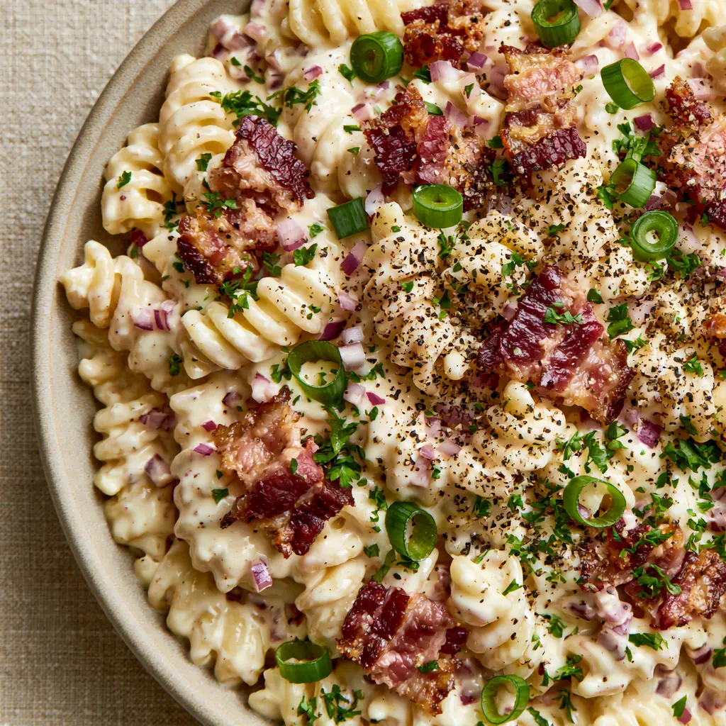 Bacon Pasta Salad with Crispy Thick-Cut Bacon and Glossy Ivory Dressing 1 Detailed view of crispy thick-cut bacon chunks with mahogany edges scattered over creamy pasta salad.