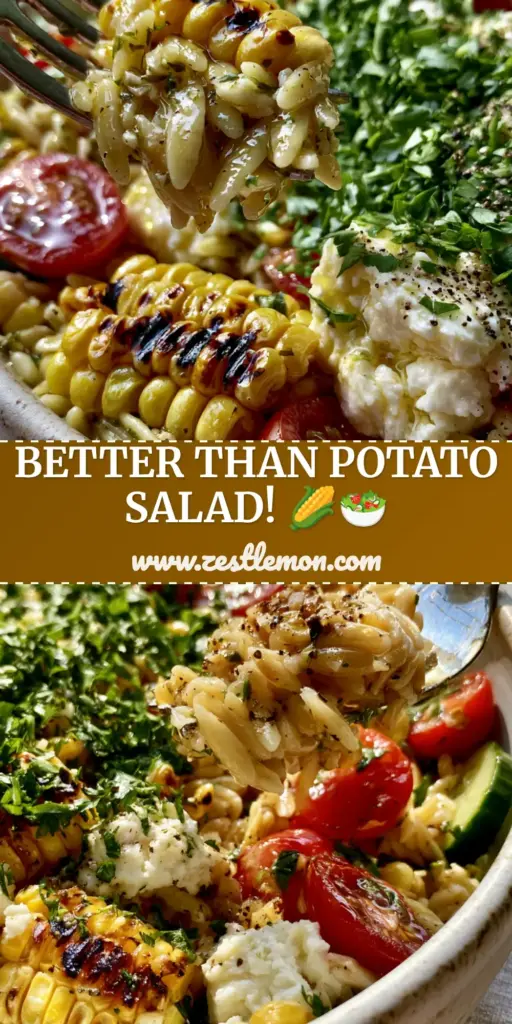 Grilled Corn Orzo Salad with Zesty Lemon Herb Vinaigrette 4 A top-down view of a vibrant Grilled Corn Orzo Salad in a white bowl, showing charred corn and feta.
