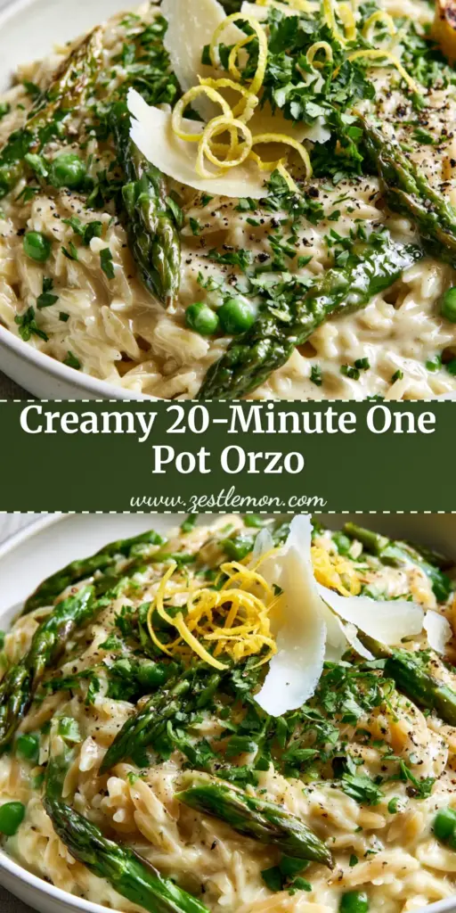Asparagus Peas Orzo: A Creamy Lemon Parmesan One-Pot Masterpiece 4 A top-down view of a bowl of Asparagus Peas Orzo with creamy parmesan sauce, lemon zest curls, and a charred lemon wedge on a grey linen background.