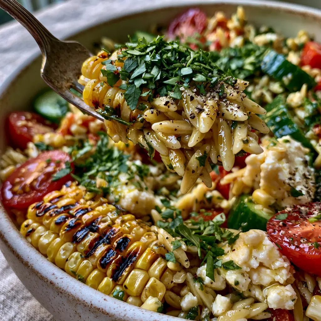 Grilled Corn Orzo Salad with Zesty Lemon Herb Vinaigrette 2 Macro photo of a fork lifting a bite of Grilled Corn Orzo Salad with glistening vinaigrette.