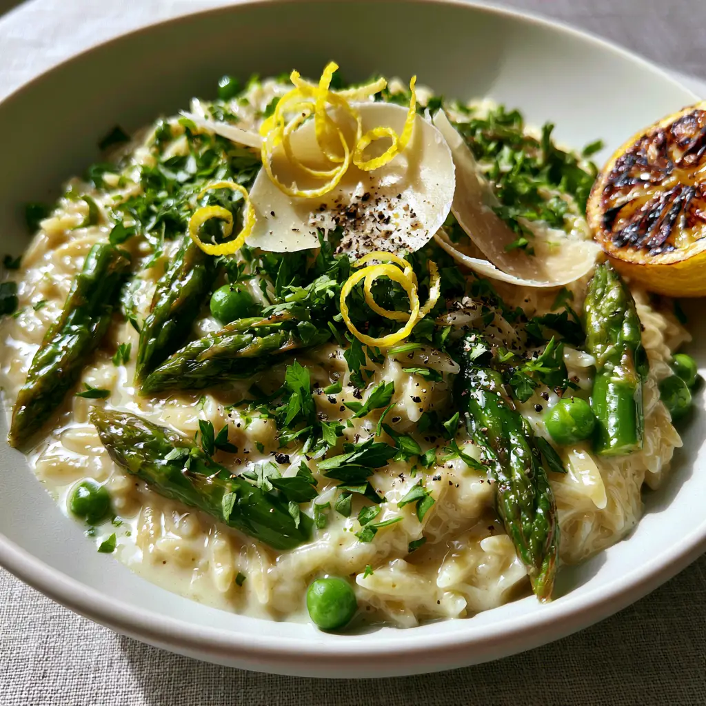 Asparagus Peas Orzo: A Creamy Lemon Parmesan One-Pot Masterpiece 2 Close-up of Asparagus Peas Orzo in a white bowl showing the texture of the pale ivory parmesan sauce and vibrant green asparagus.
