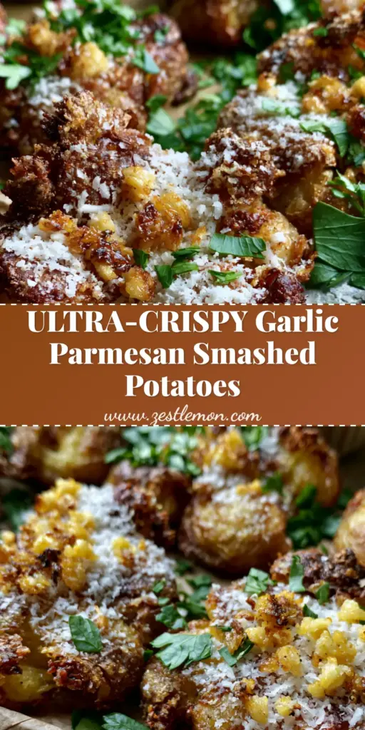 Smashed Baby Potatoes with Garlic, Parmesan, and Black Pepper Aioli 4 A tall Pinterest pin image showing ultra-crispy smashed baby potatoes with shattered edges, topped with parmesan and parsley, next to a ramekin of garlic aioli.